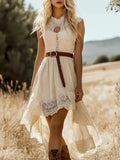 Lace Trim High-Low Sleeveless Dress Beige