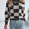 Cold Shoulder Checkered Long Sleeve Sweater
