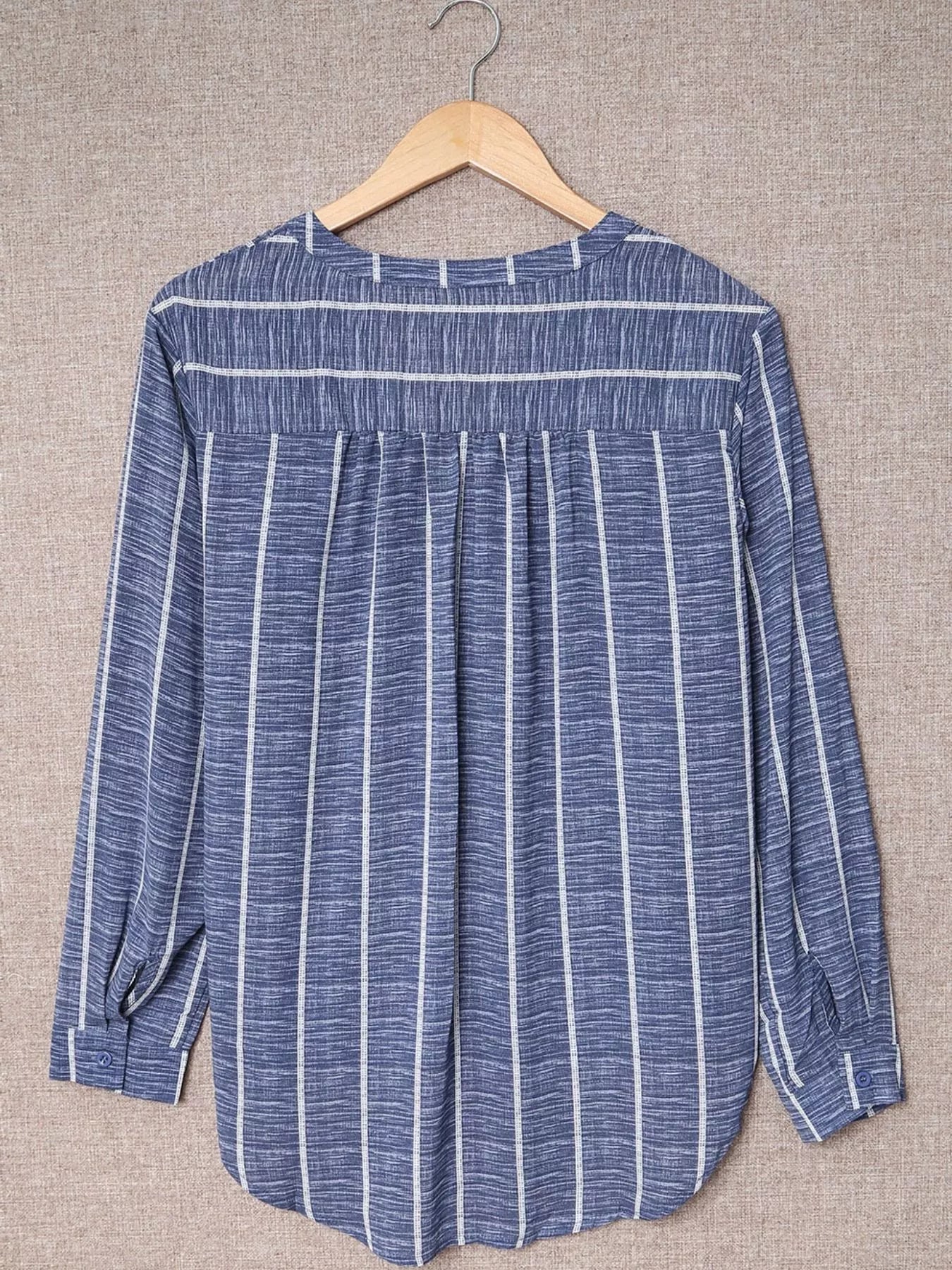 Striped Print V Neck Half Buttons Loose Blouse