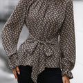 Printed Tie-Waist Flounce Sleeve Blouse