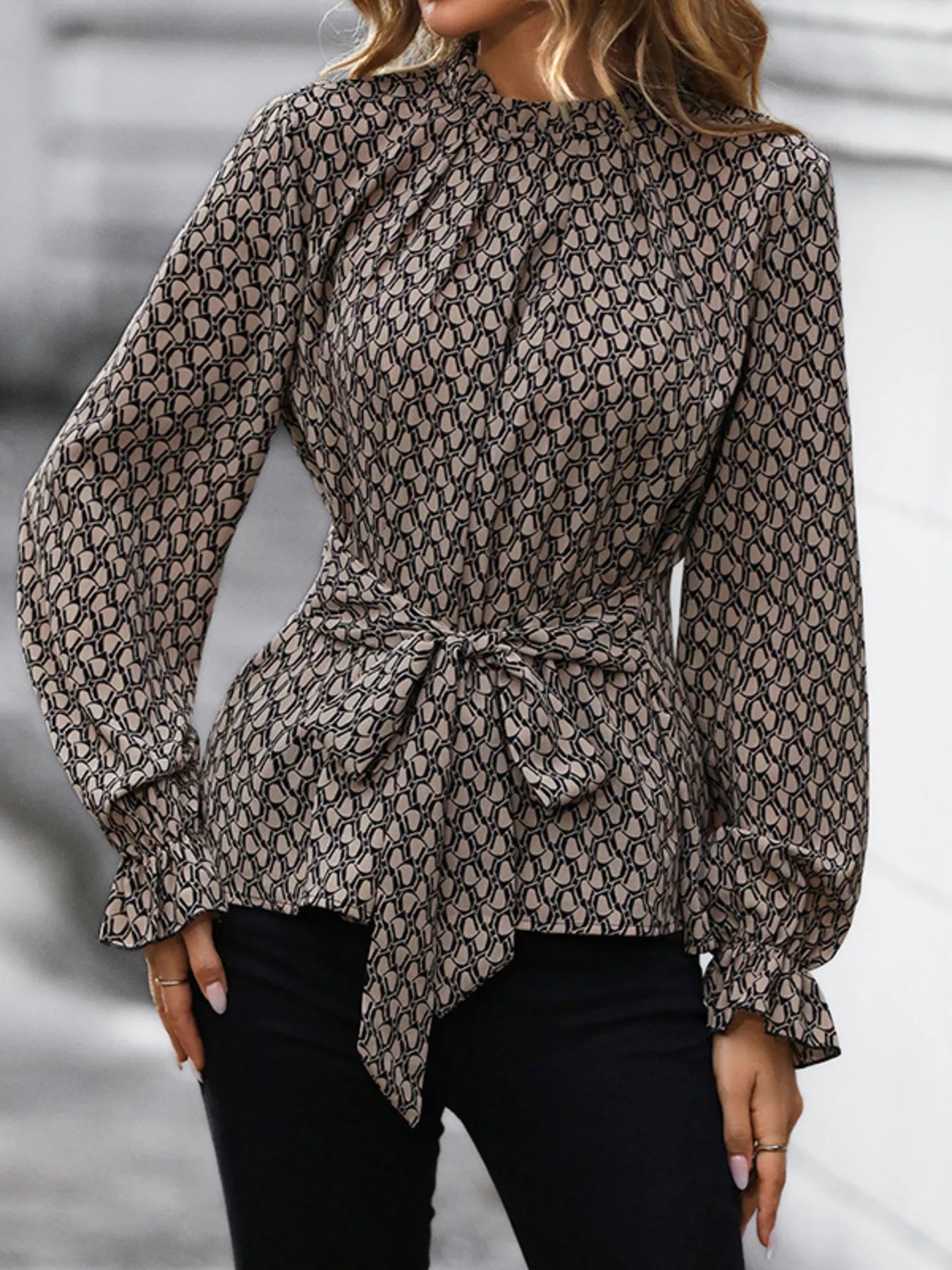 Printed Tie-Waist Flounce Sleeve Blouse
