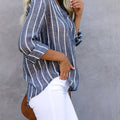 Striped Print V Neck Half Buttons Loose Blouse