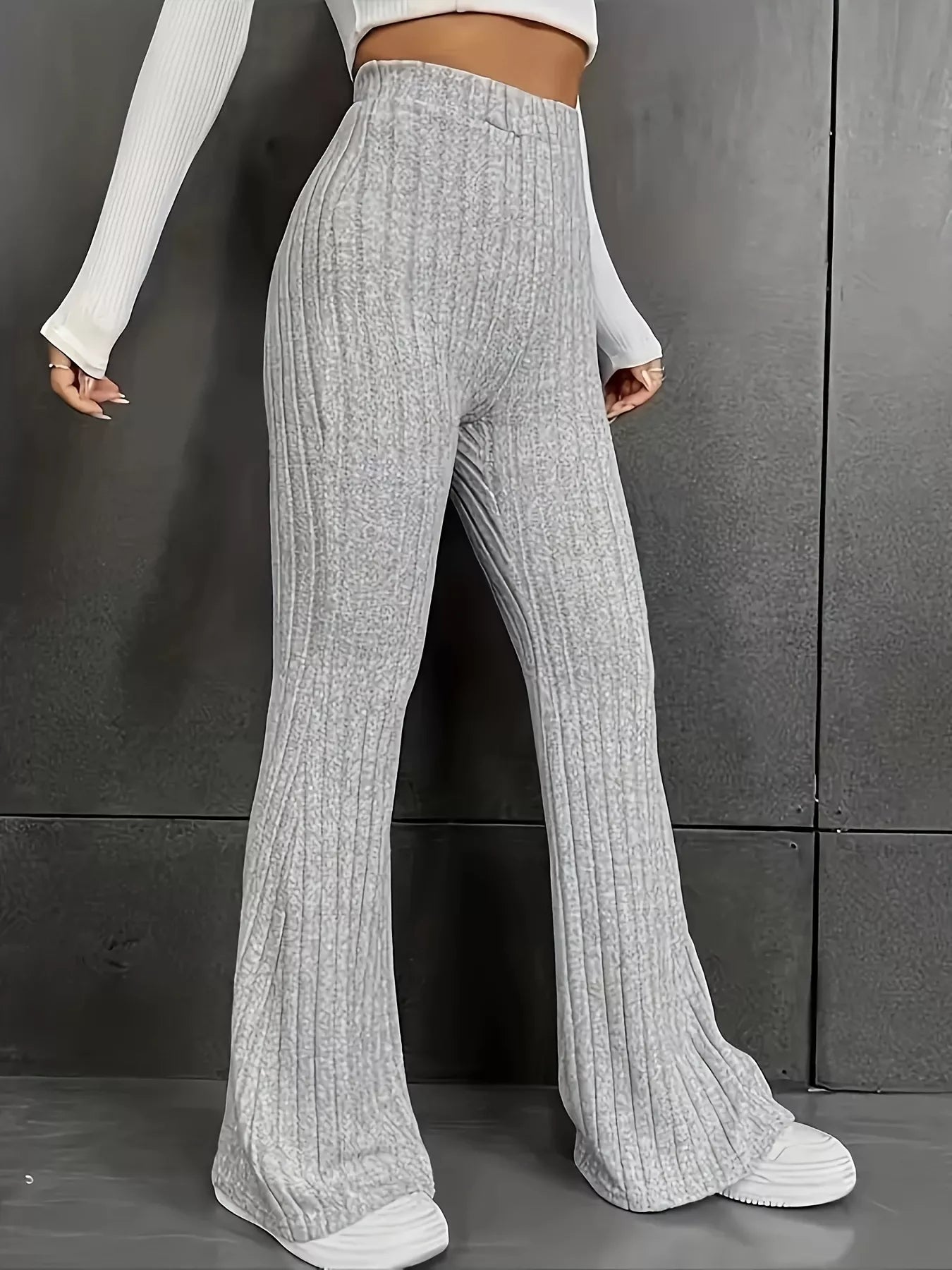 Plus Size Ribbed Knit High Waist Flare Pants Light Gray