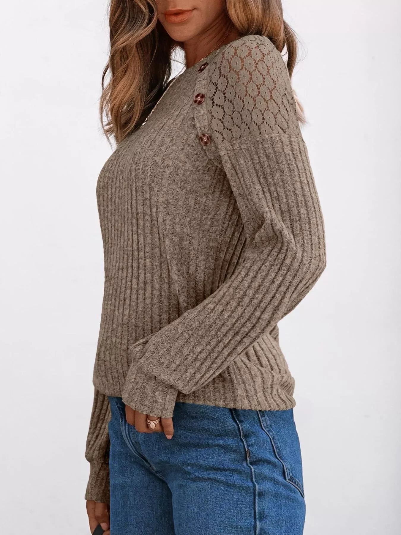 Ribbed Knit T-Shirt with Lace Shoulder Detail