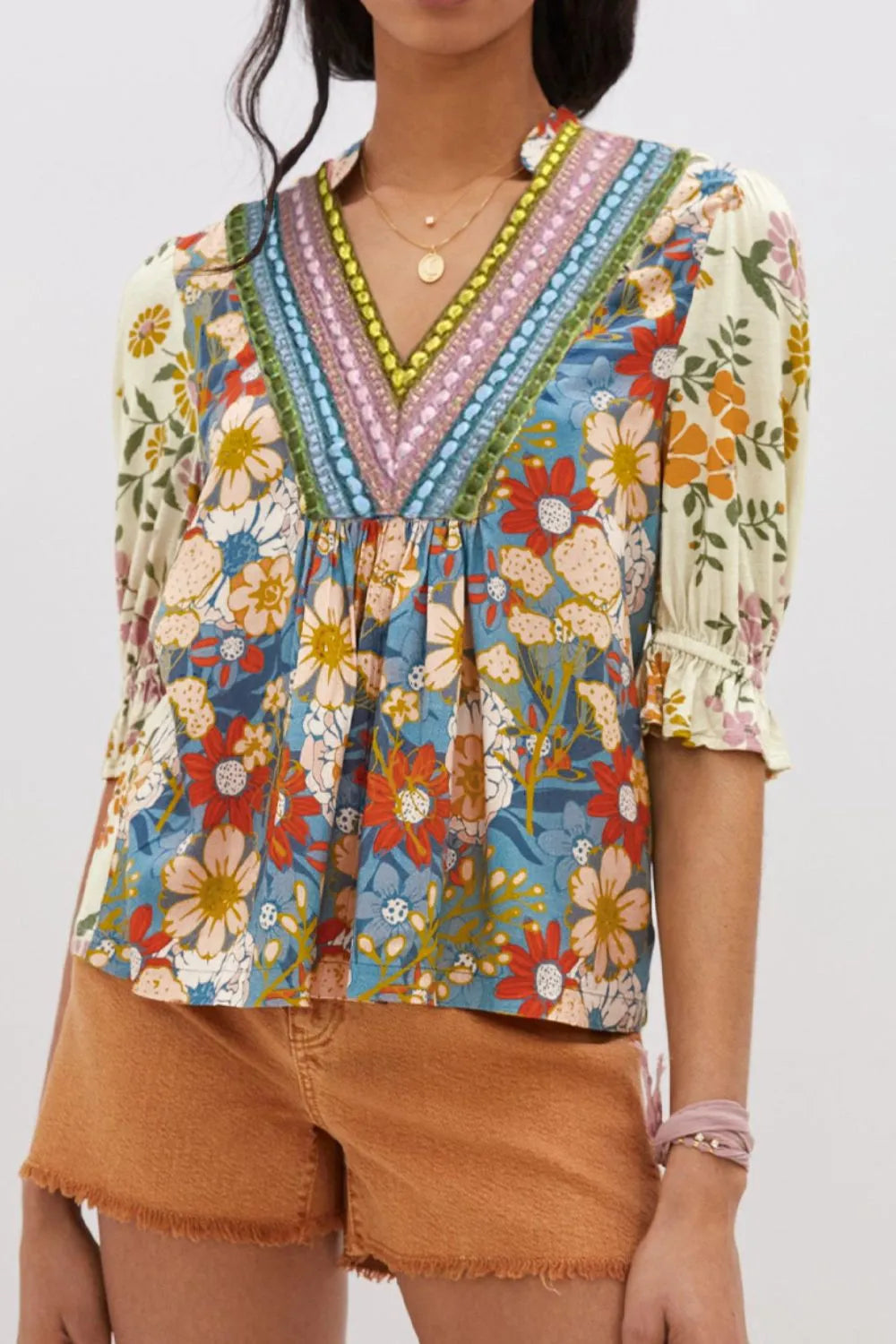 Multicolour Crochet V Neck Half Sleeve Boho Floral Blouse