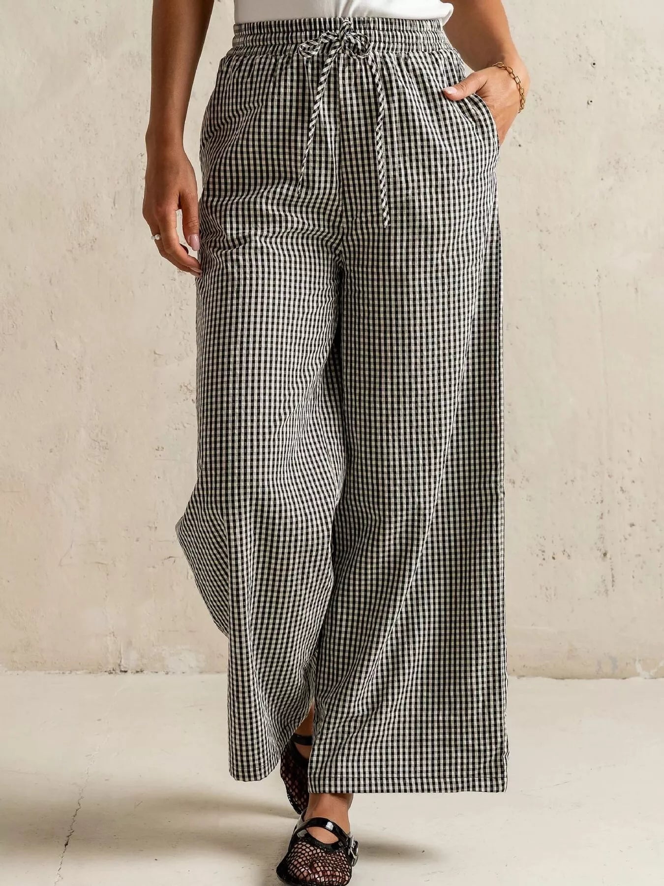 Gingham Print Wide Leg Casual Pants Black