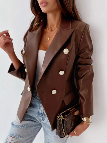 Lapel Collar Leather Blazer Coffee