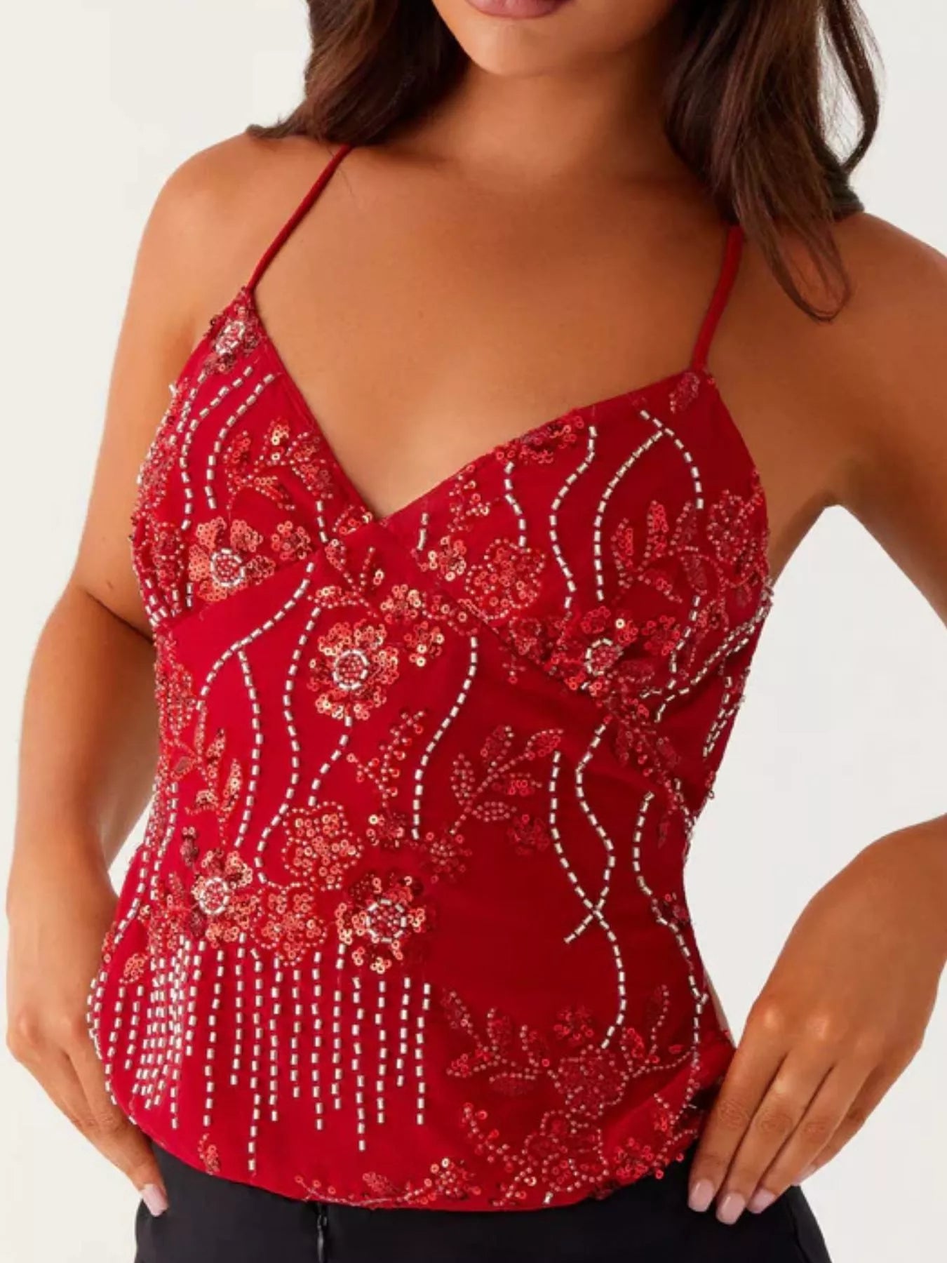 Embroidered Sequin Tie Back Cami Red