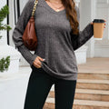 V-Neck Textured Knit Long Sleeve T-Shirt