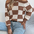 Cold Shoulder Checkered Long Sleeve Sweater Brown