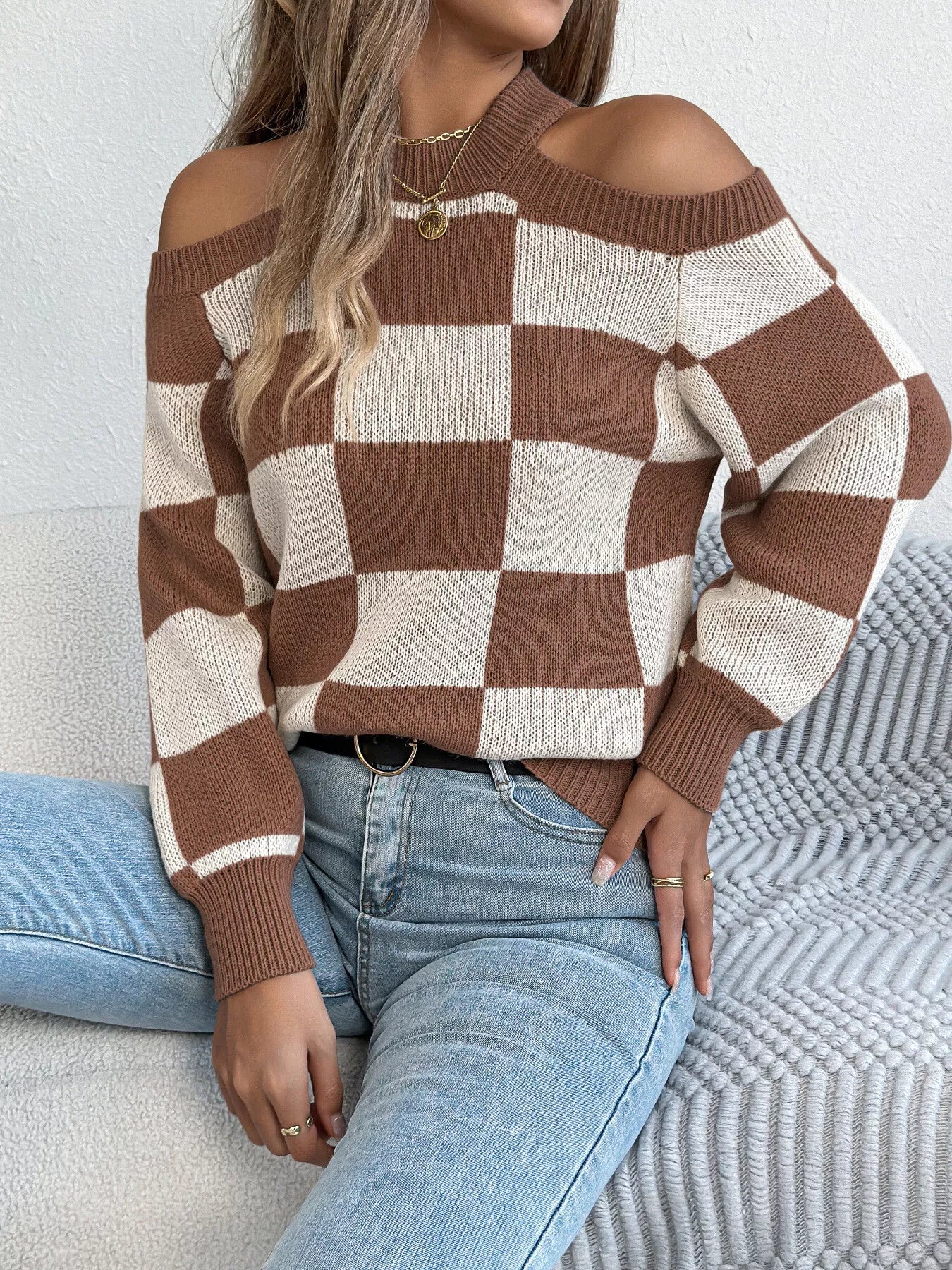 Cold Shoulder Checkered Long Sleeve Sweater Brown