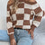 Cold Shoulder Checkered Long Sleeve Sweater Brown