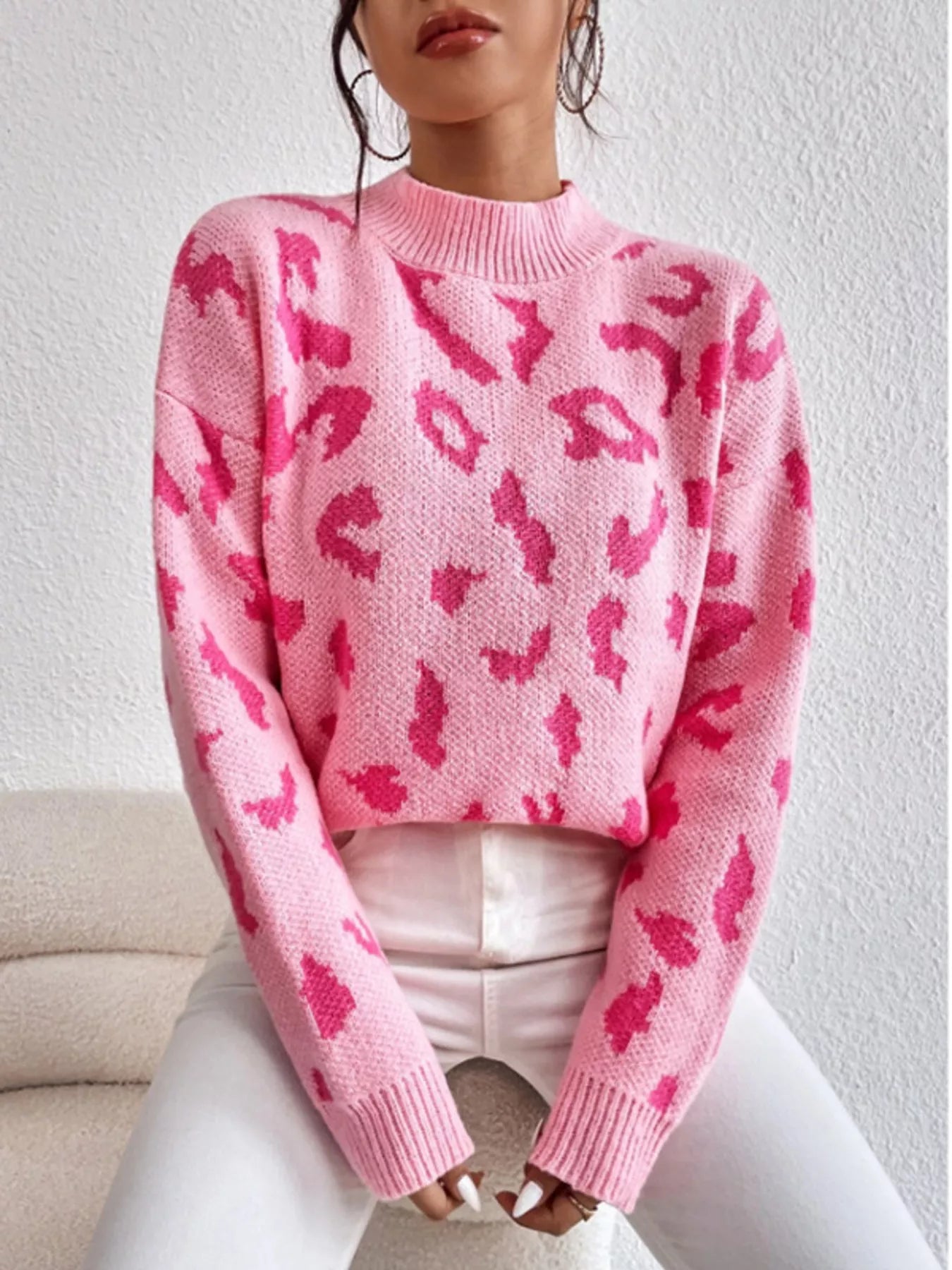 Leopard Mock Neck Sweater Pink