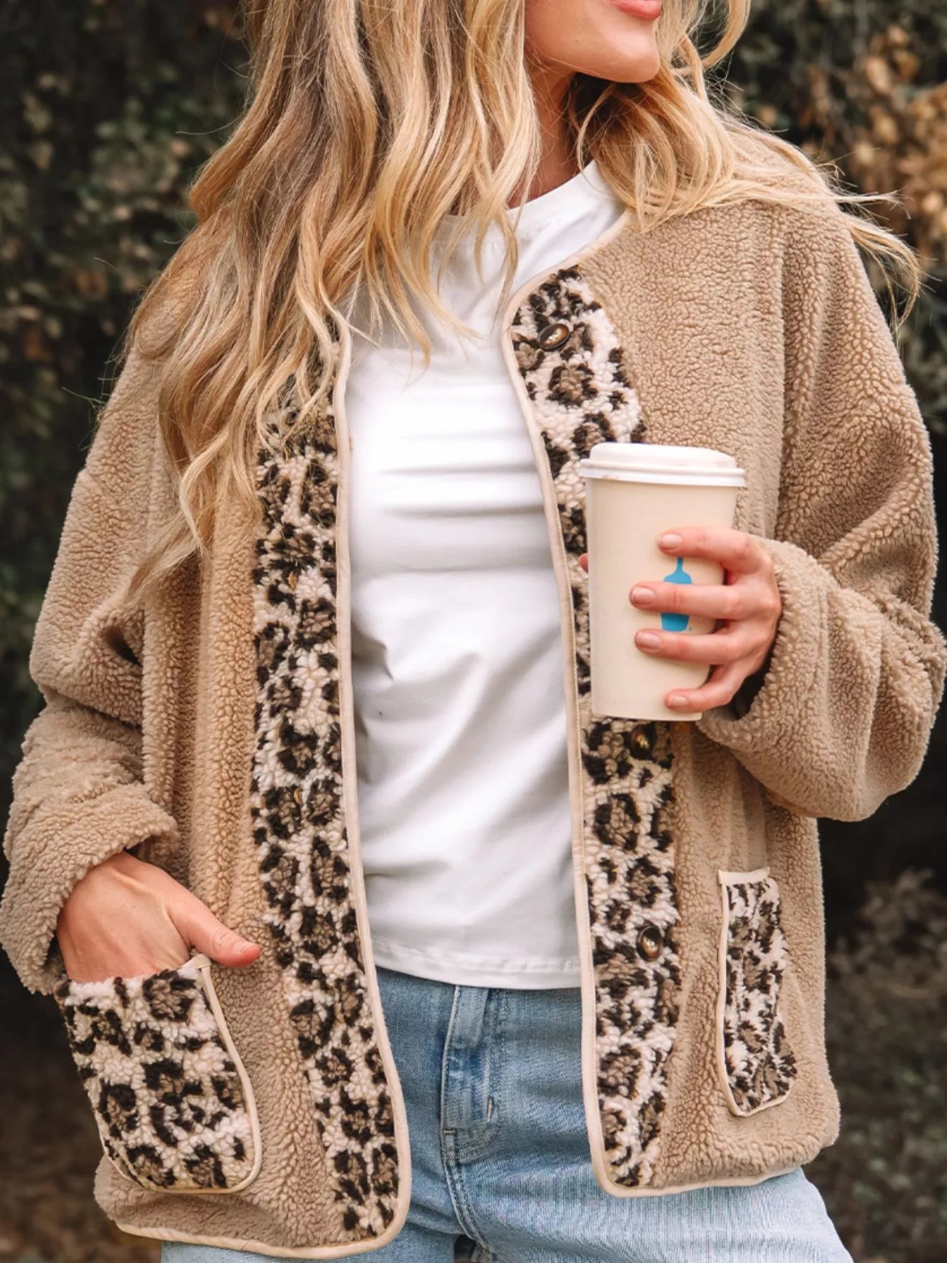 Casual Leopard Print Accent Plush Jacket with Pockets