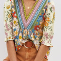 Multicolour Crochet V Neck Half Sleeve Boho Floral Blouse