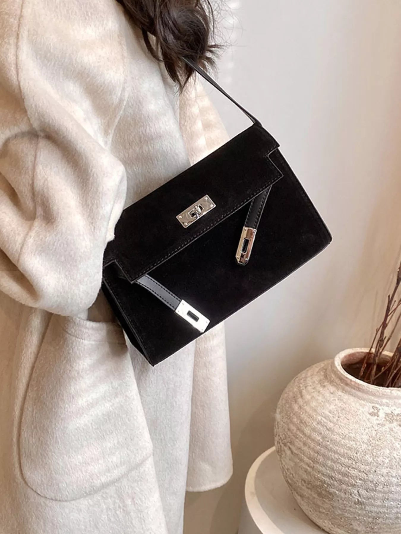 Solid Color Buckle Shoulder Bag Black One Size