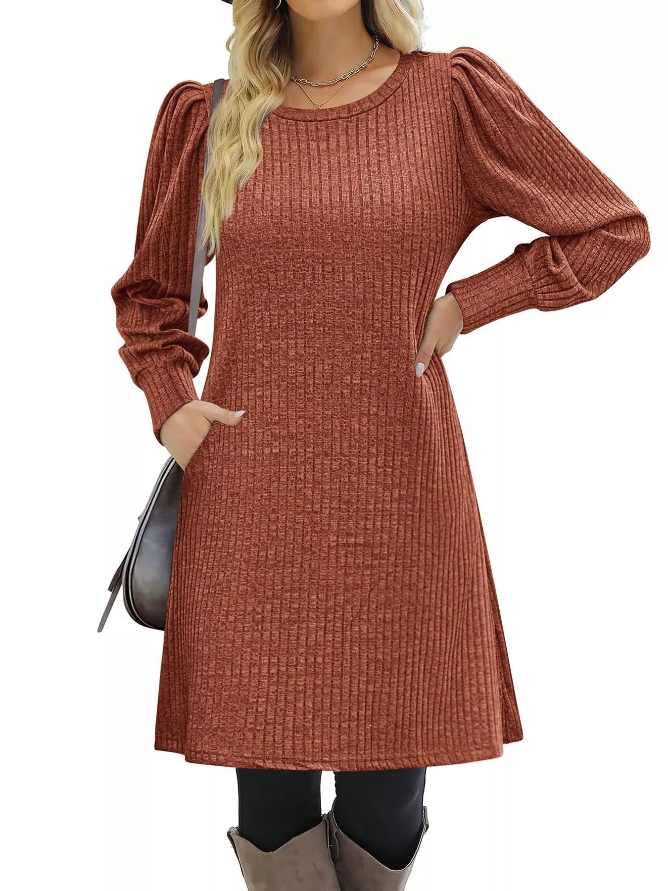 Ribbed Knit Puff Sleeve Casual Mini Dress