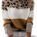Full Size Leopard Color Block Long Sleeve Sweater Plus Size Dark Brown
