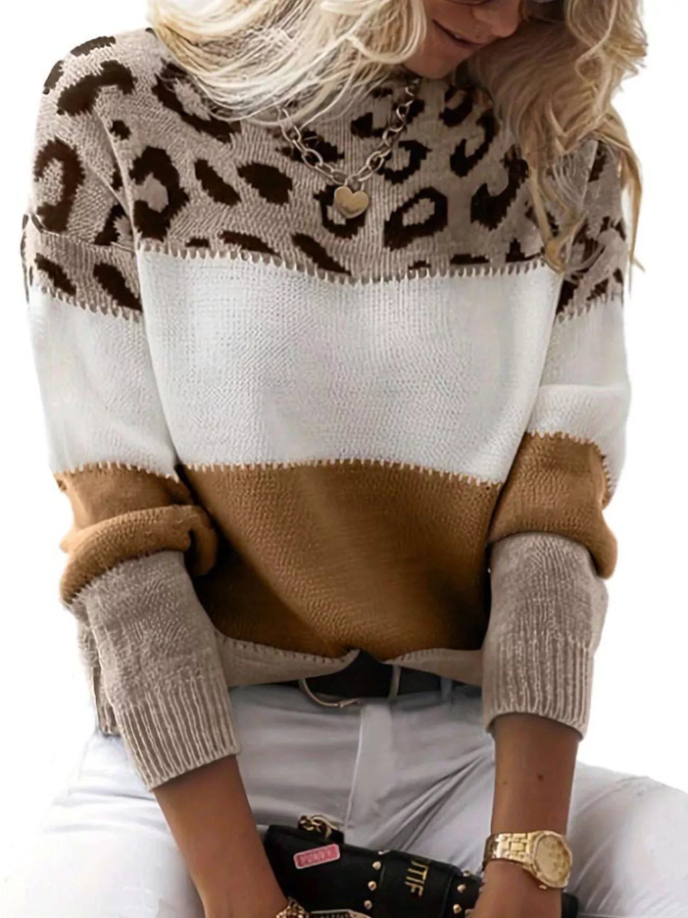 Full Size Leopard Color Block Long Sleeve Sweater Plus Size Dark Brown