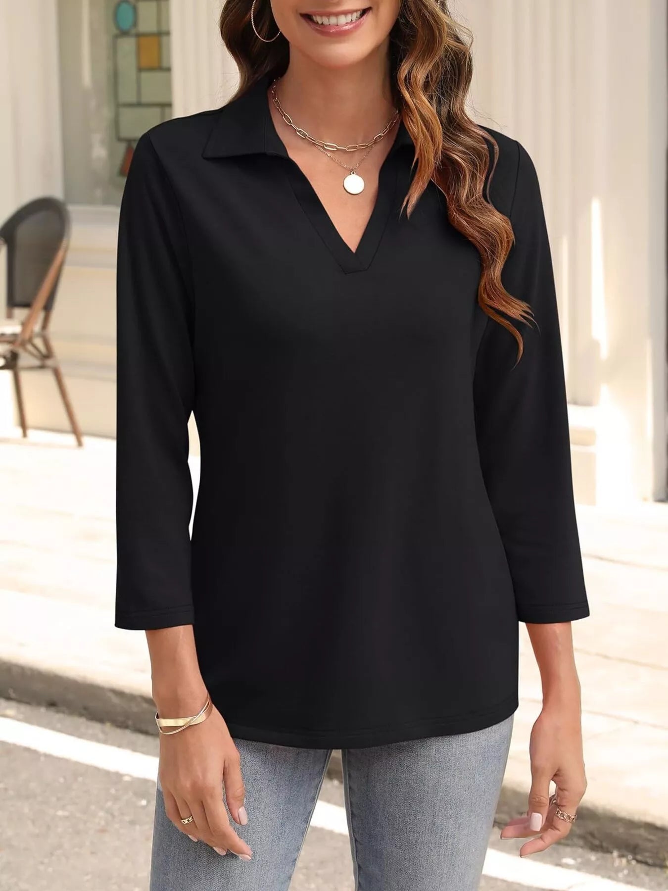Johnny Collar Solid Color Top Black