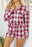 Plaid Long Sleeve Shirt and Drawstring Shorts Lounge Set Cerise