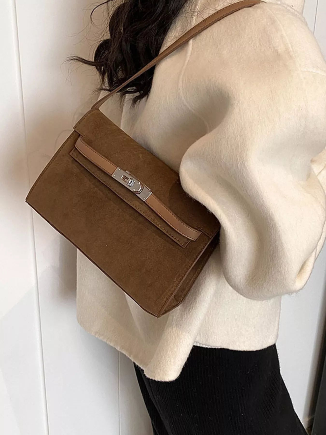 Solid Color Buckle Shoulder Bag Brown One Size