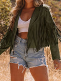 Cropped Fringe Faux Suede Jacket Army Green