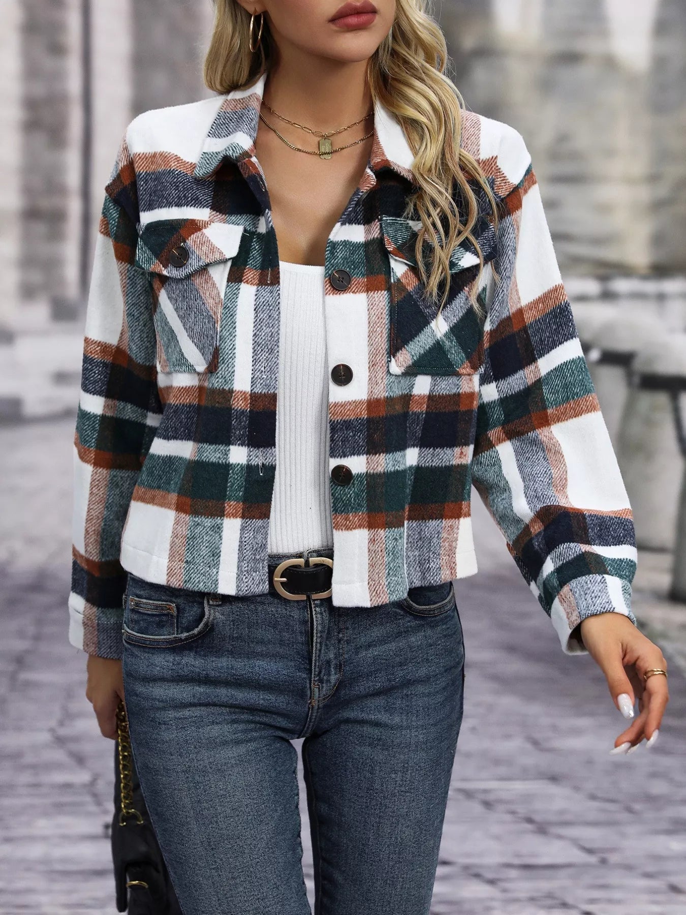 Plaid Oversized Button-Up Cropped Jacket