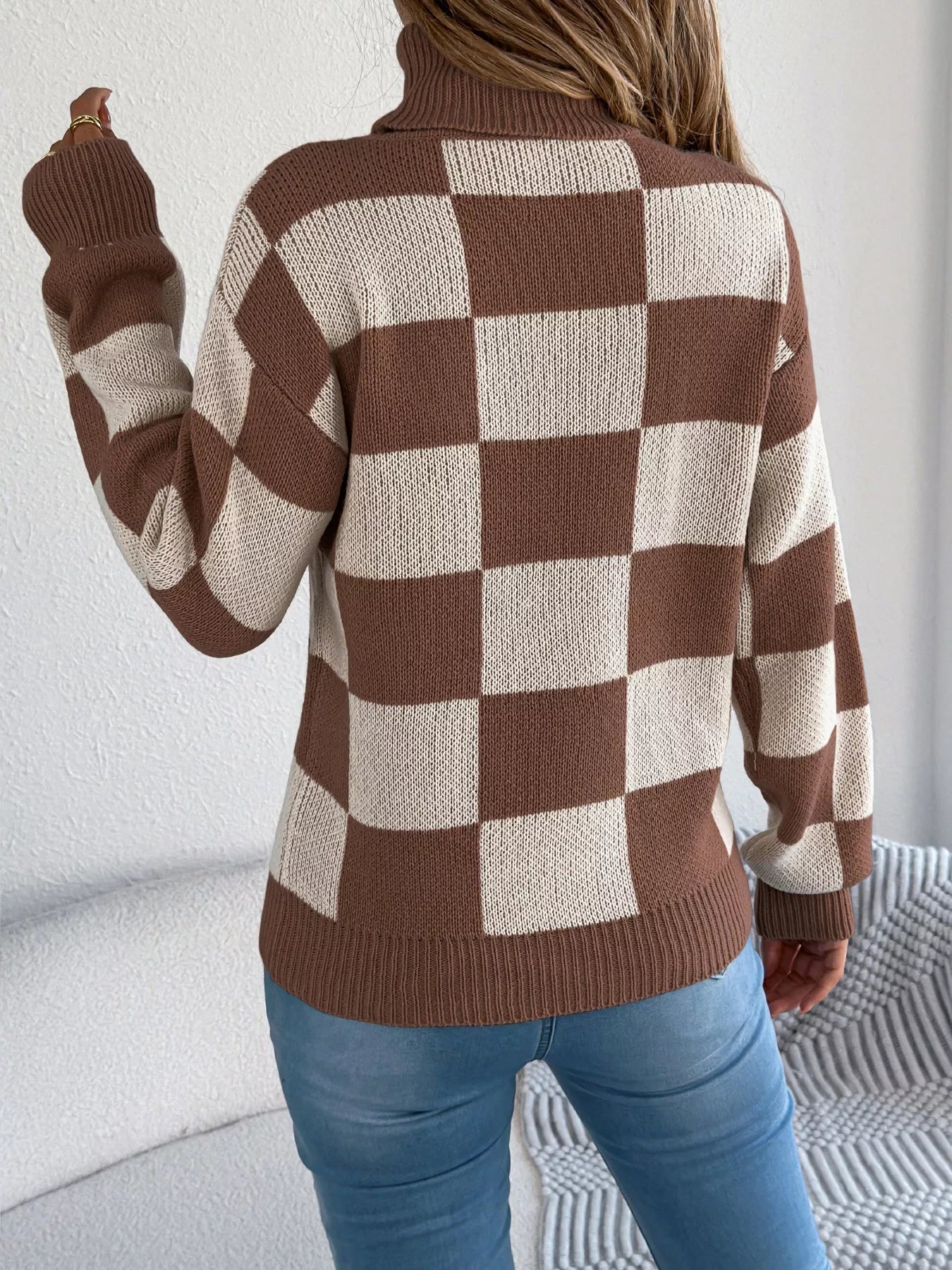 Checkered Turtleneck Long Sleeve Sweater