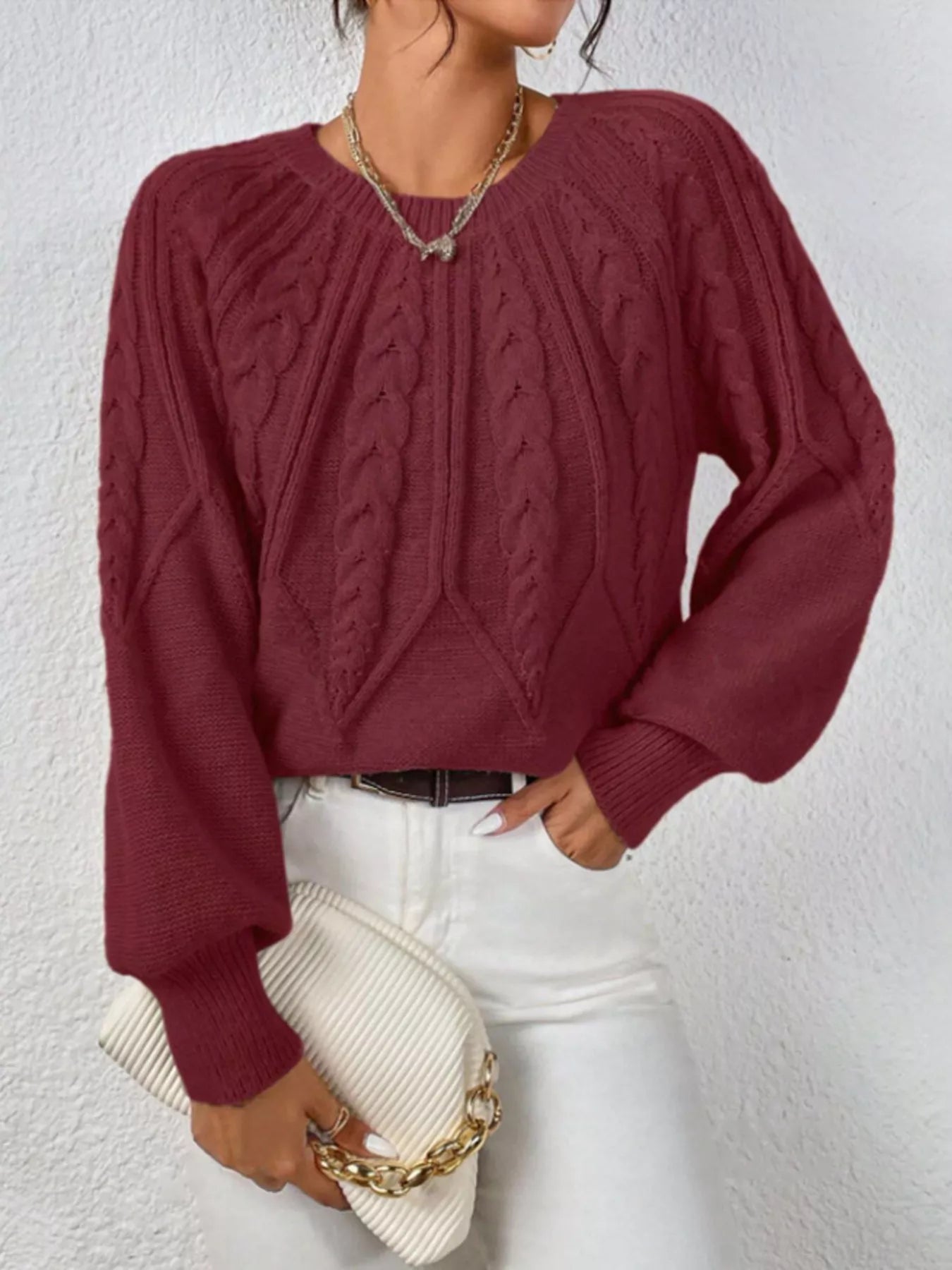 Cable Knit Long Sleeve Sweater Deep Red