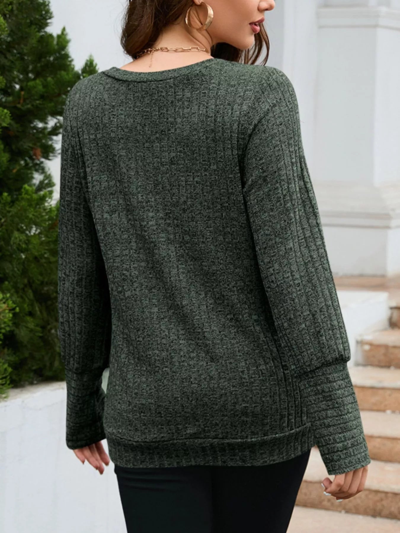 V-Neck Textured Knit Long Sleeve T-Shirt