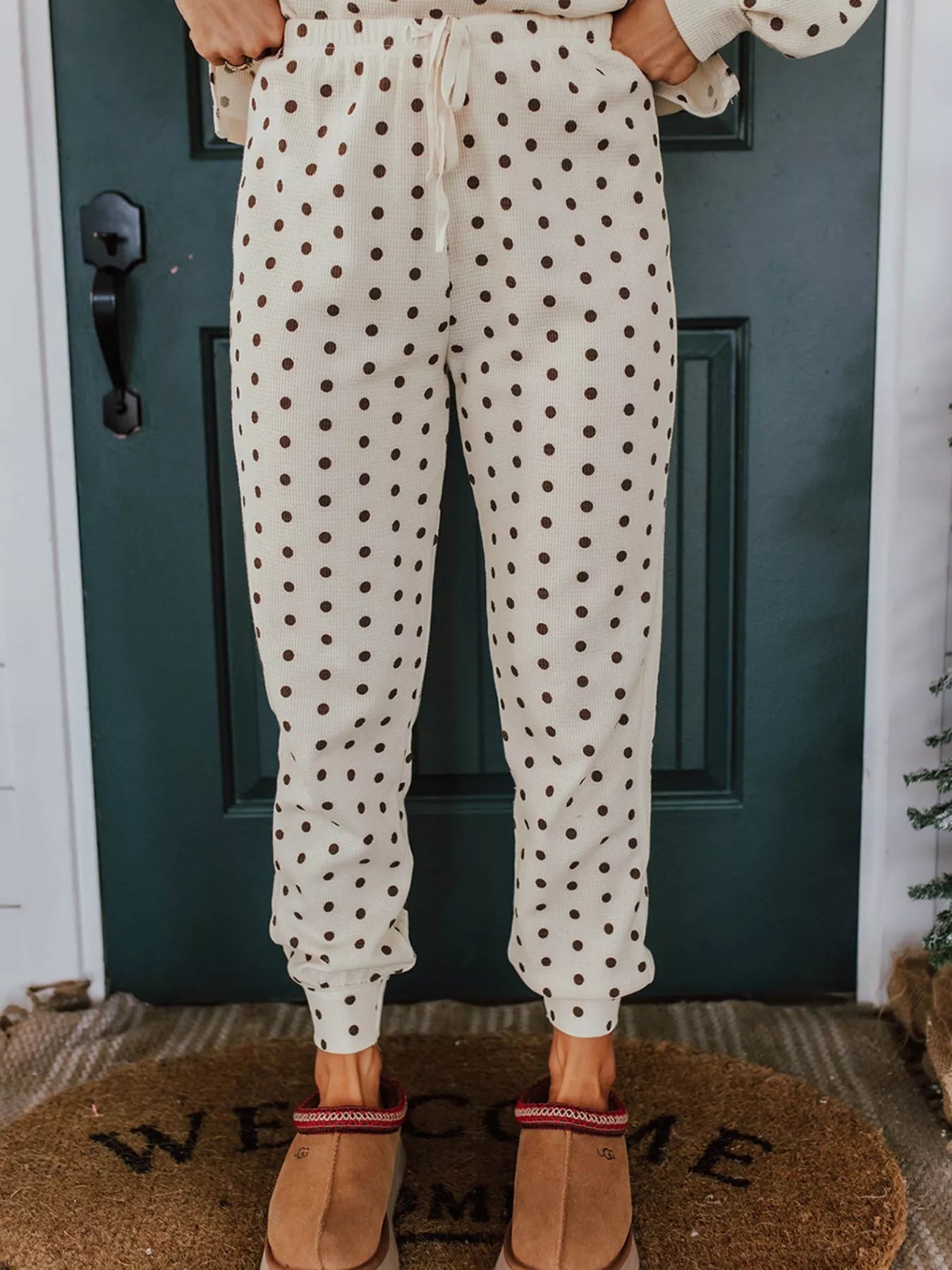 Polka Dot Notched Long Sleeve Top and Drawstring Joggers Lounge Set