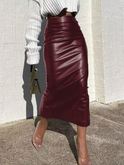 Slit Back Leather Skirt Burgundy