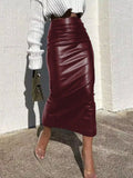 Slit Back Leather Skirt Burgundy
