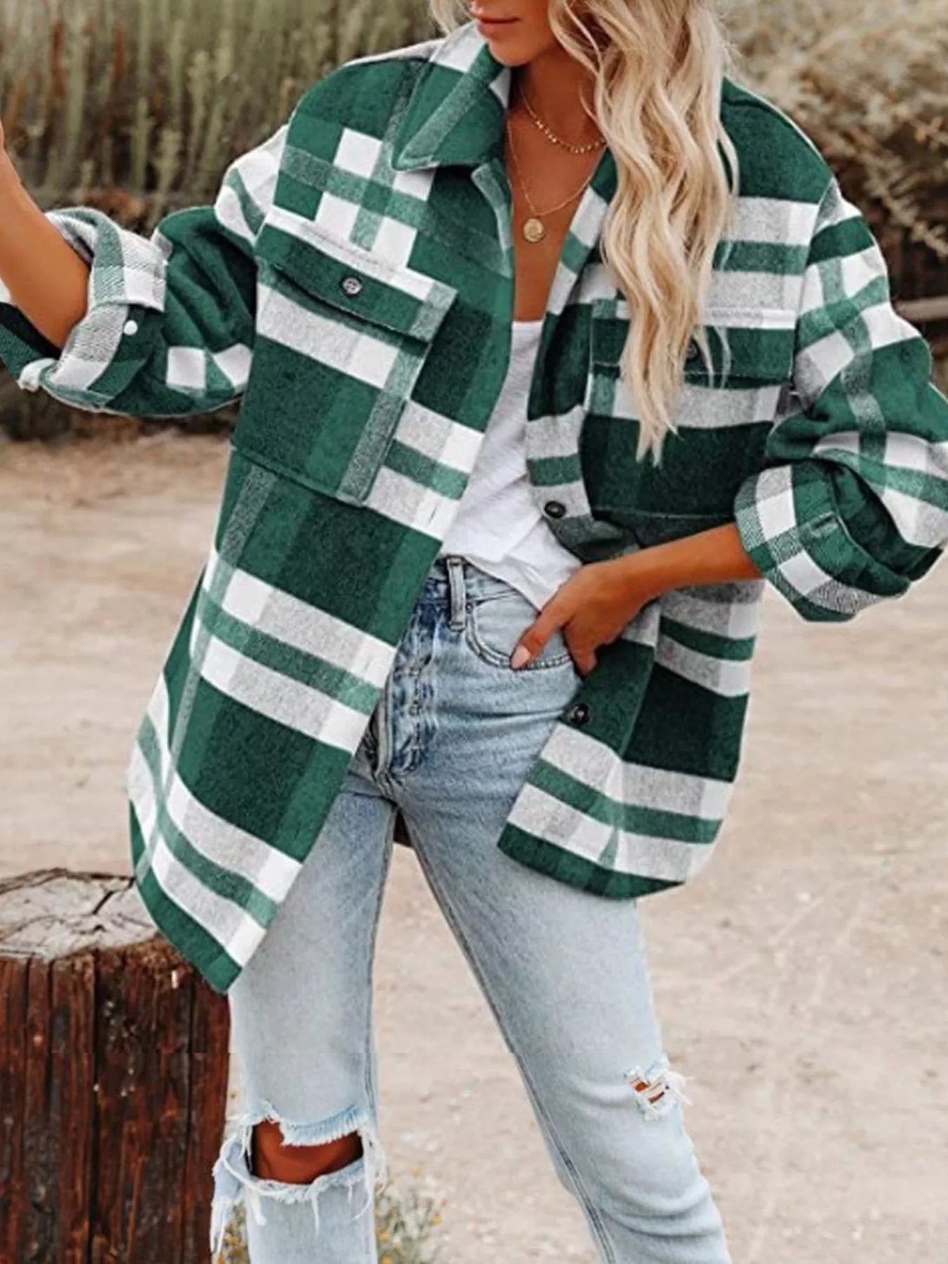 Plaid Button-Down Long Sleeve Jacket Green
