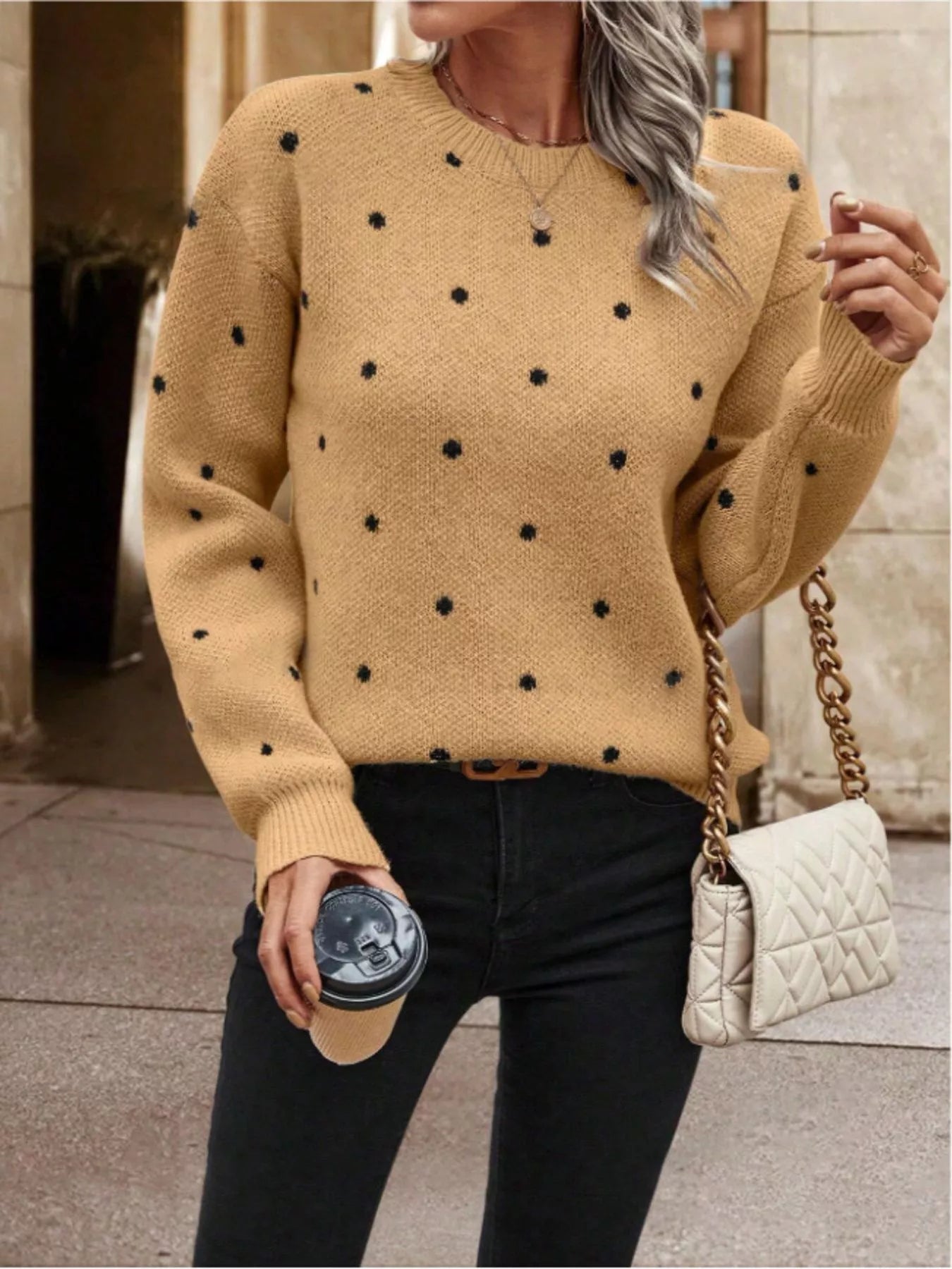 Polka Dot Long Sleeve Sweater Camel