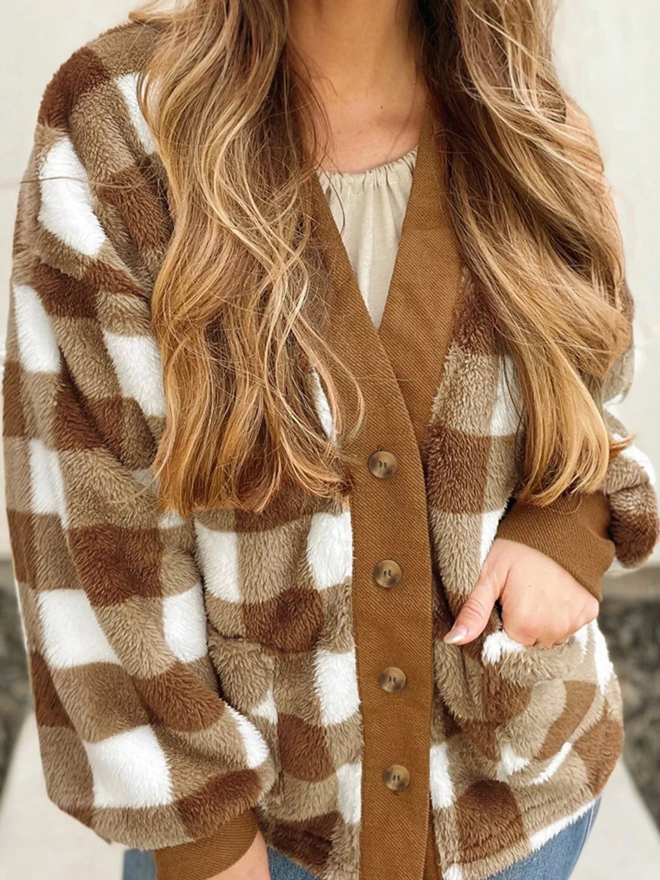 Checkered Sherpa Loose Knit Cardigan with Pockets