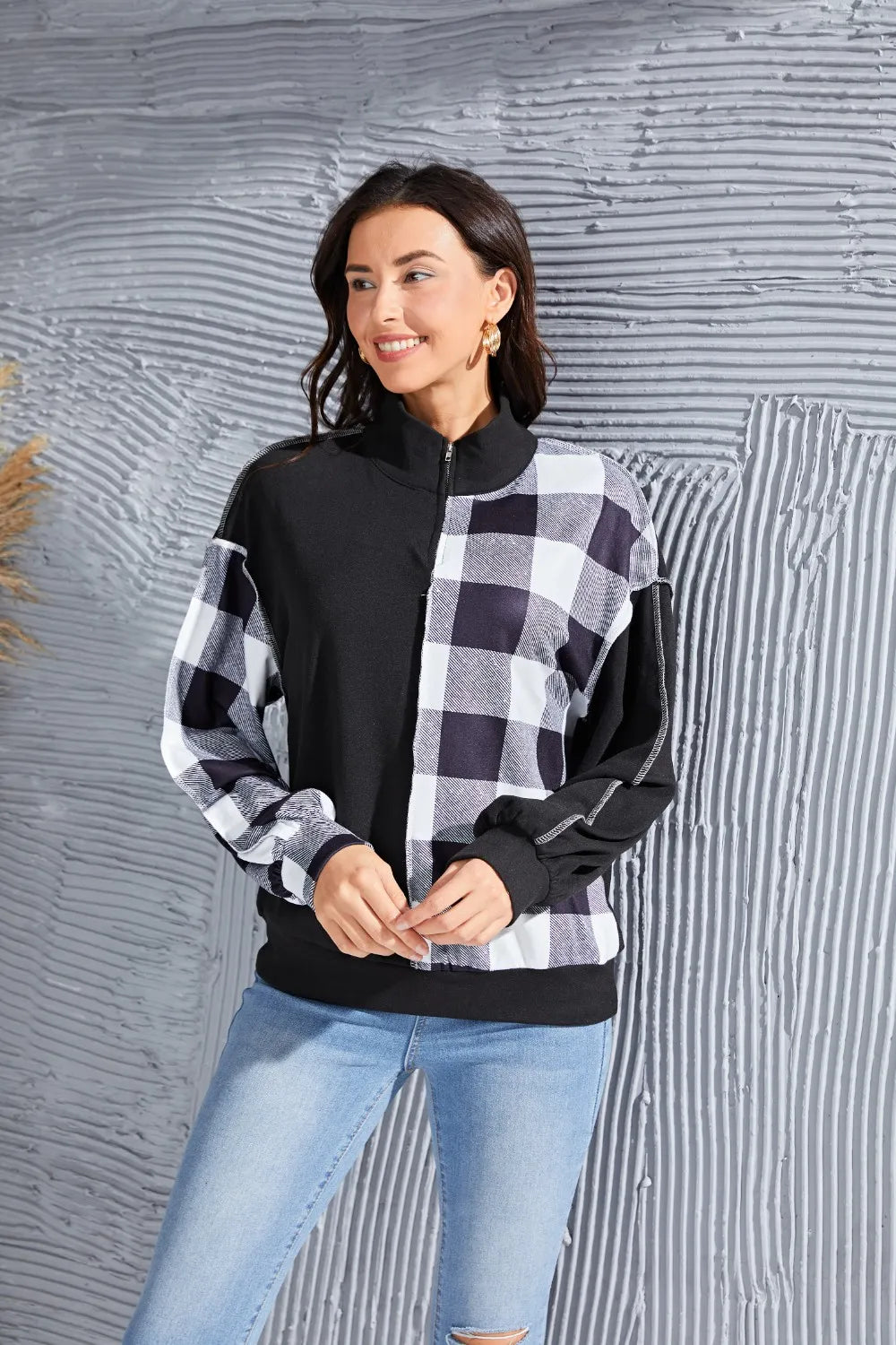 Plaid Exposed Seam Long Sleeve Blouse Black