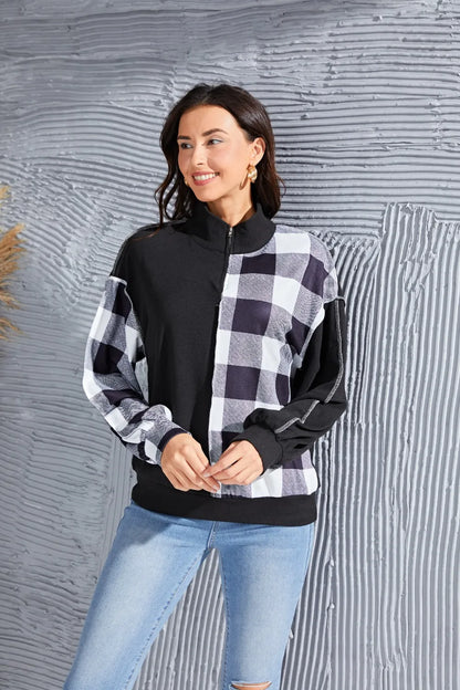 Plaid Exposed Seam Long Sleeve Blouse Black
