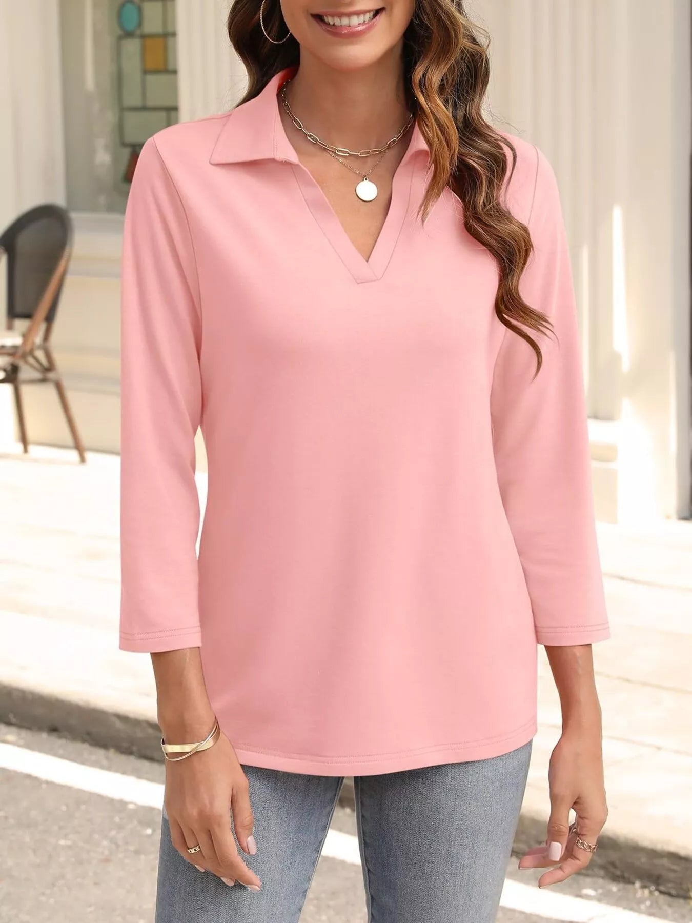 Johnny Collar Solid Color Top Dusty Pink