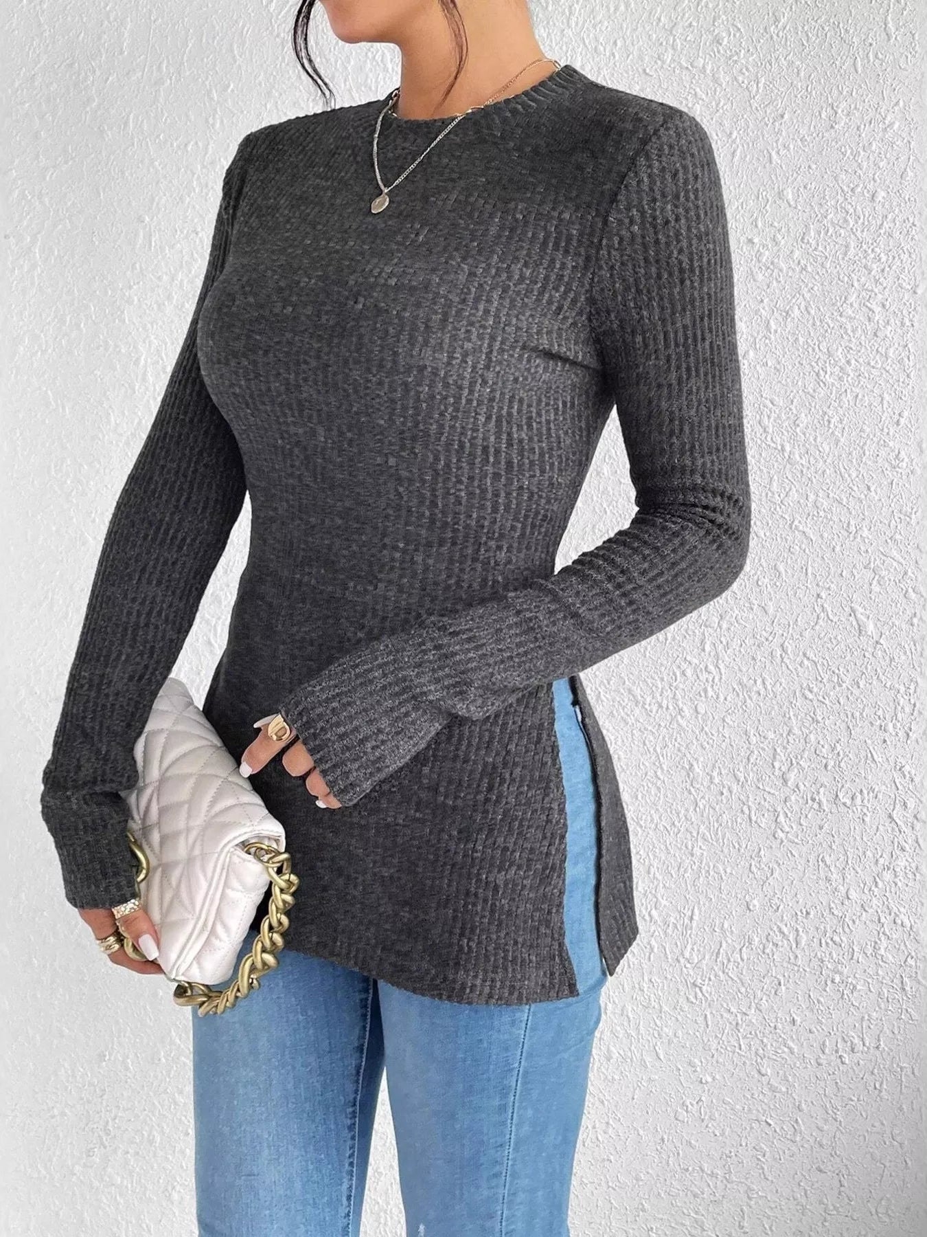 Slit Round Neck Long Sleeve T-Shirt Gray