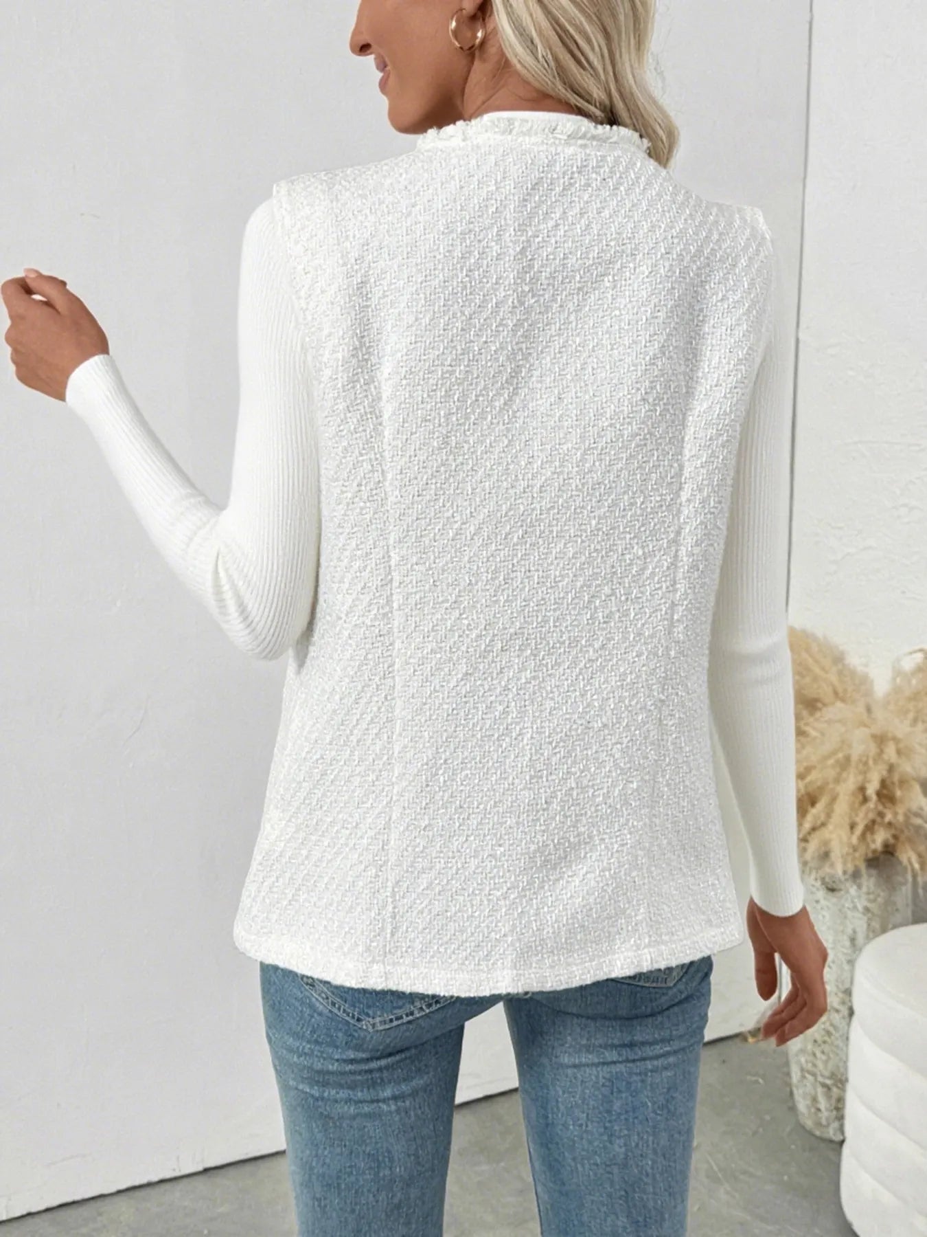 Textured Button-Front Vest with Raw Edge