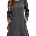Ribbed Knit Puff Sleeve Casual Mini Dress