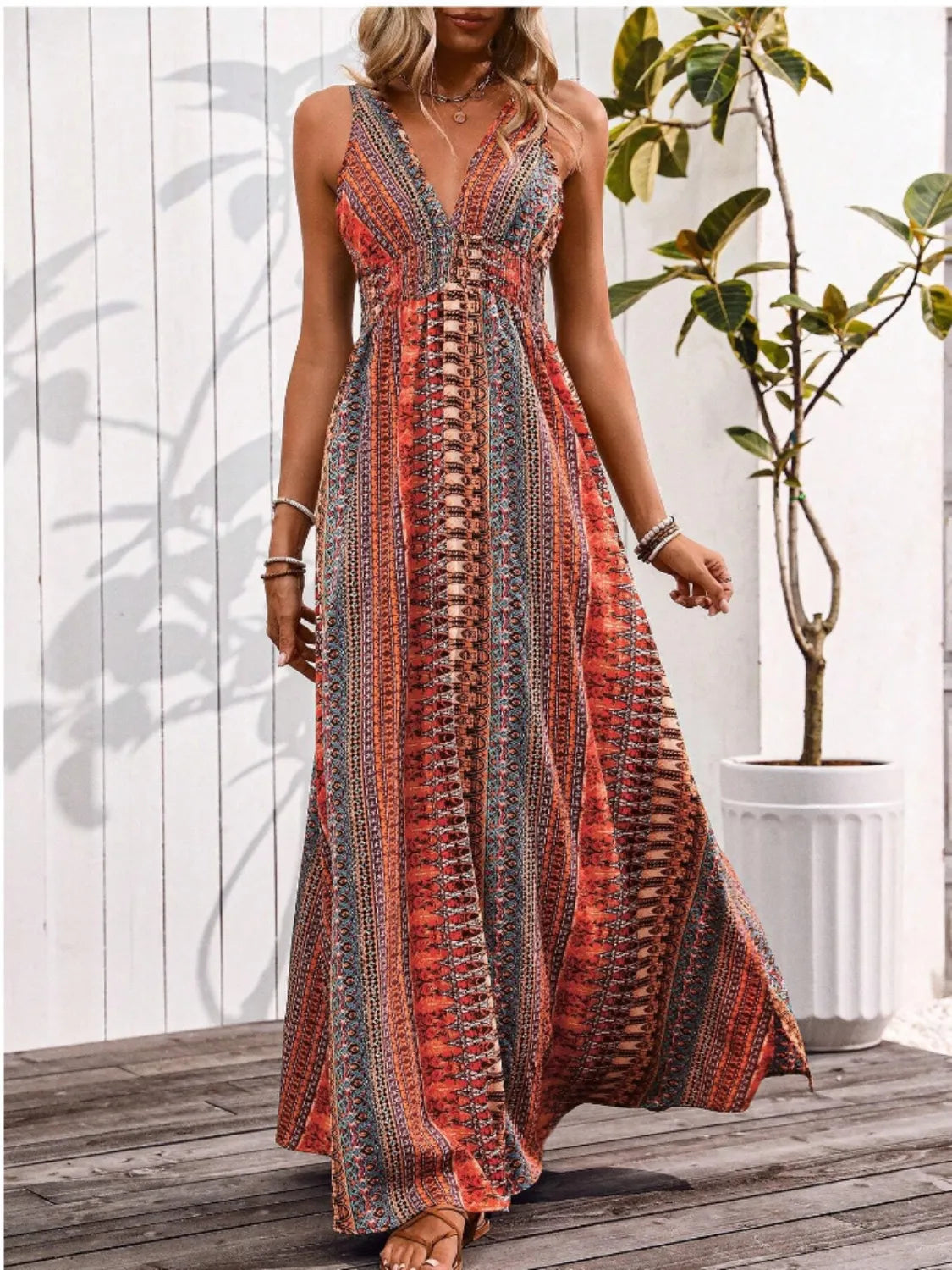 Tied Back Printed Sleeveless Maxi Slit Dress