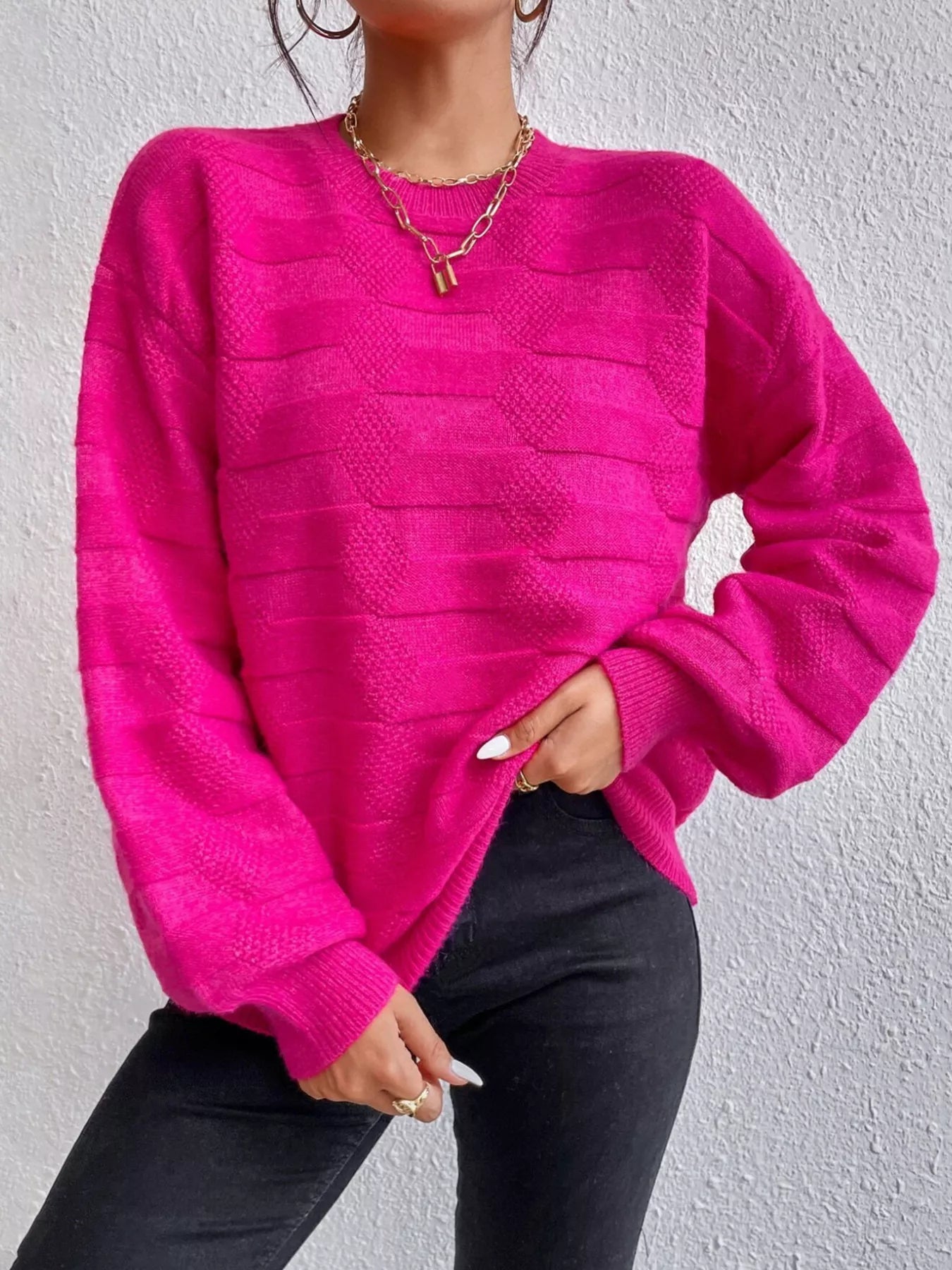 Textured Knit Round Neck Sweater Rose Red