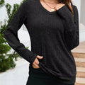 V-Neck Textured Knit Long Sleeve T-Shirt Black