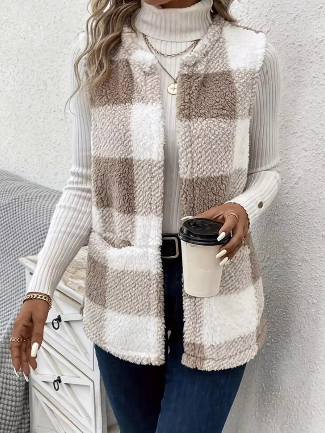 Cozy Plaid Sherpa Vest Coat Khaki