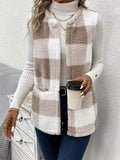 Cozy Plaid Sherpa Vest Coat Khaki