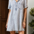 Pocketed Collared Neck Short Sleeve Denim Dress Light