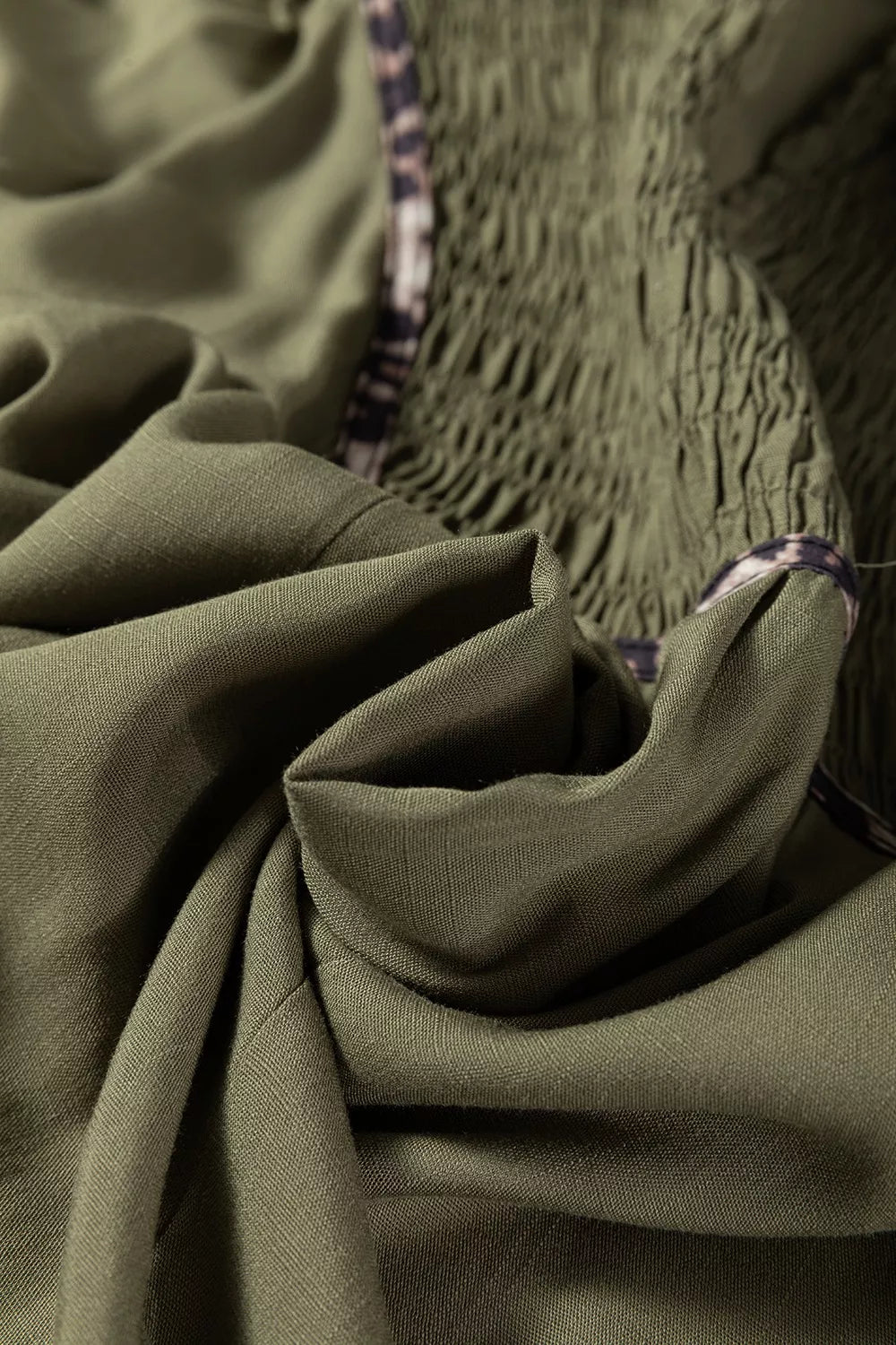 Collared V Neck Smocked Detail Contrast Leopard Trim Dress